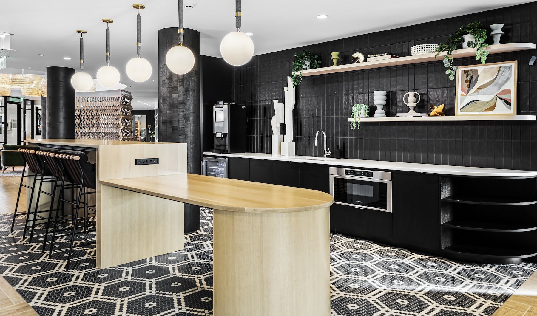 Everything within reach cafe area with a large island and bar stools